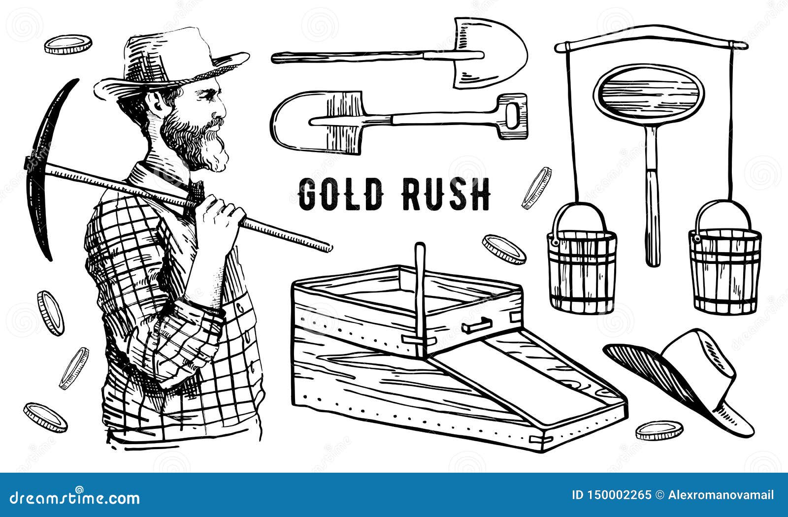 california gold rush  hand drawn outline vintage  set with miner and tools
